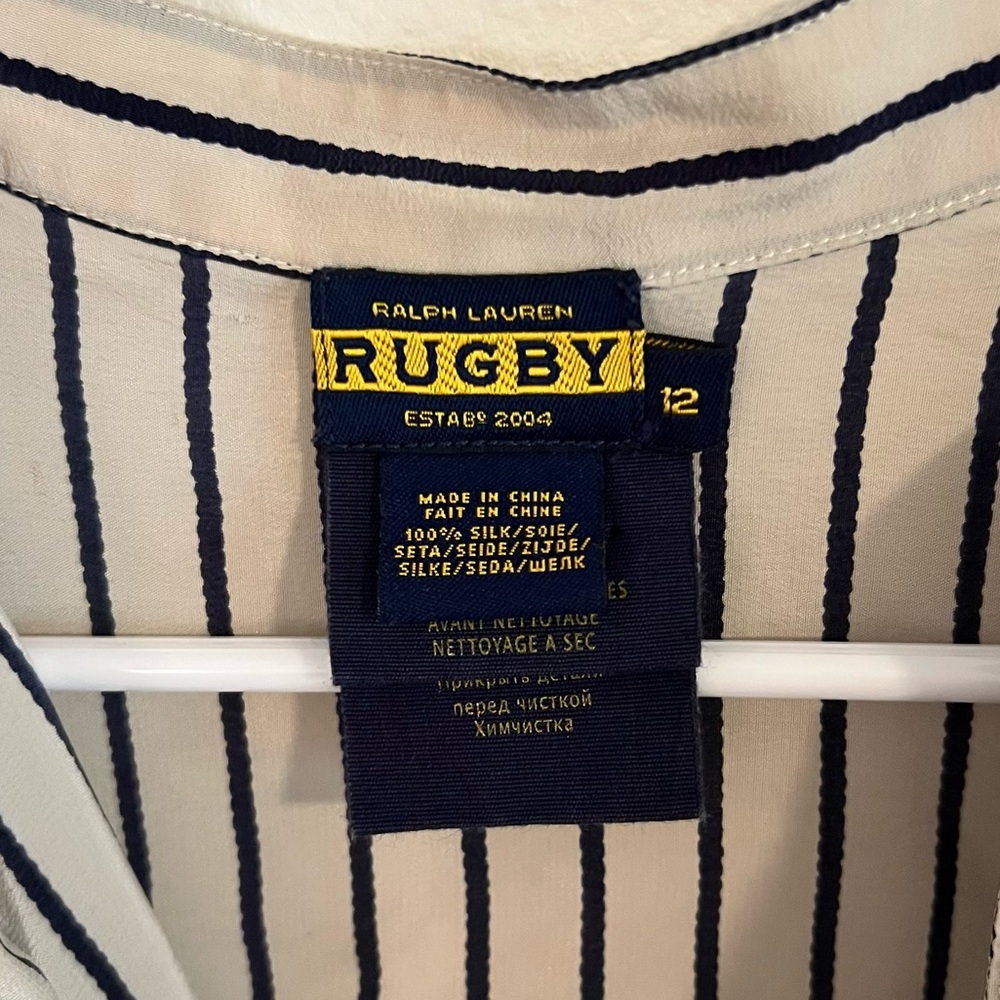 Vintage 100% Silk Ralph Lauren Rugby Striped Ruffle Blouse - Picture 3 of 5